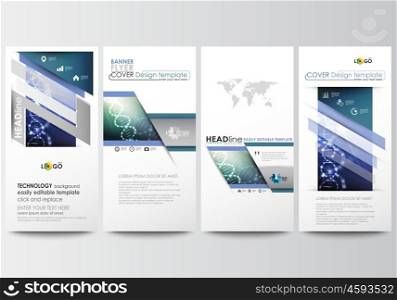 Flyers set, modern banners. Business templates. Cover design template, easy editable, abstract flat layouts. DNA molecule structure, science background. Scientific research, medical technology.