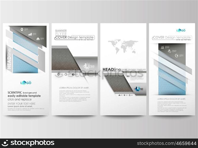 Flyers set, modern banners. Business templates. Cover design template, easy editable, abstract flat layouts. Scientific medical research, chemistry pattern, hexagonal design molecule structure, science vector background.