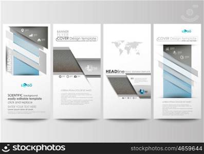 Flyers set, modern banners. Business templates. Cover design template, easy editable, abstract flat layouts. Scientific medical research, chemistry pattern, hexagonal design molecule structure, science vector background.