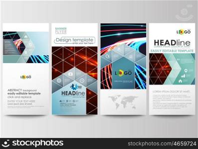 Flyers set, modern banners. Business templates. Cover design template, easy editable, abstract flat layouts. Abstract lines background with color glowing neon streams, motion design vector.