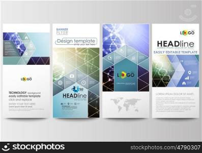 Flyers set, modern banners. Business templates. Cover design template, easy editable, abstract flat layouts. DNA molecule structure, science background. Scientific research, medical technology