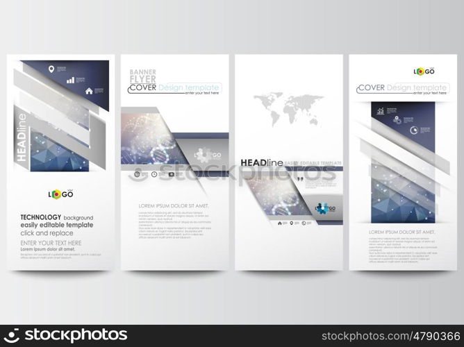 Flyers set, modern banners. Business templates. Cover design template, easy editable, abstract flat layouts. DNA molecule structure on blue background. Scientific research, medical technology.