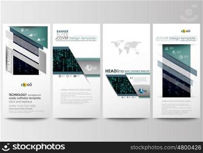 Flyers set, modern banners. Business templates. Cover design template, easy editable, abstract flat layouts. Virtual reality, color code streams glowing on screen, abstract technology background with symbols.