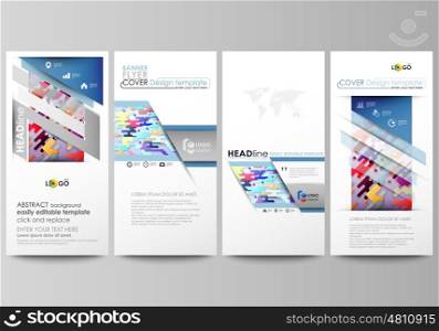 Flyers set, modern banners. Business templates. Cover design template, easy editable abstract vector layouts. Bright color lines and dots, colorful minimalist backdrop with geometric shapes forming beautiful minimalistic background.