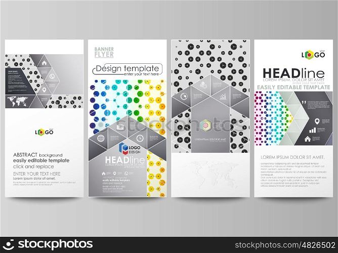 Flyers set, modern banners. Business templates. Cover design template, easy editable abstract vector layouts. Chemistry pattern, hexagonal design molecule structure, scientific, medical DNA research. Geometric colorful background.