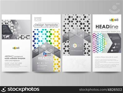 Flyers set, modern banners. Business templates. Cover design template, easy editable abstract vector layouts. Chemistry pattern, hexagonal design molecule structure, scientific, medical DNA research. Geometric colorful background.