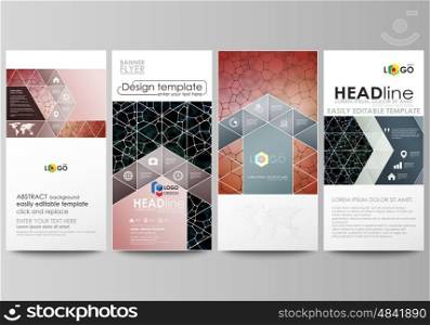 Flyers set, modern banners. Business templates. Cover design template, easy editable abstract vector layouts. Chemistry pattern, molecular texture, polygonal molecule structure, cell. Medicine, science microbiology concept