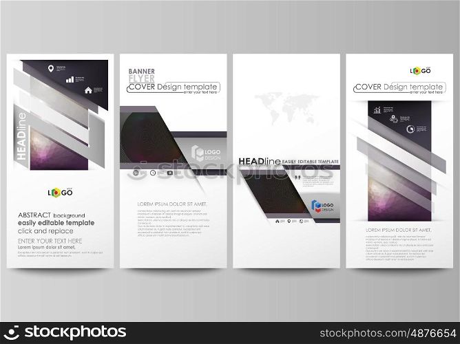 Flyers set, modern banners. Business templates. Cover design template, easy editable abstract vector layouts. Dark color triangles and colorful circles. Abstract polygonal style modern background.