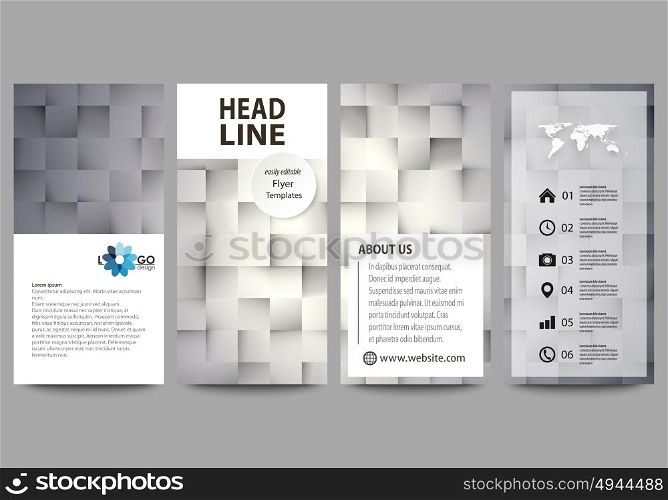 Flyers set, modern banners. Business templates. Cover design template, easy editable abstract vector layouts. Pattern made from squares, gray background in geometrical style. Simple texture.. Flyers set, modern banners. Business templates. Cover design template, easy editable abstract vector layouts. Pattern made from squares, gray background in geometrical style. Simple texture