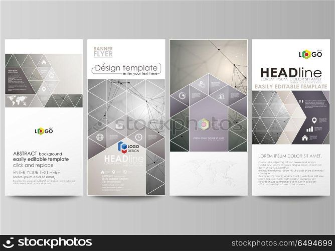 Flyers set, modern banners. Business templates. Cover design template, easy editable abstract vector layouts. Chemistry pattern, molecule structure on gray background. Science and technology concept.. Flyers set, modern banners. Business templates. Cover design template, easy editable abstract vector layouts. Chemistry pattern, molecule structure on gray background. Science and technology concept