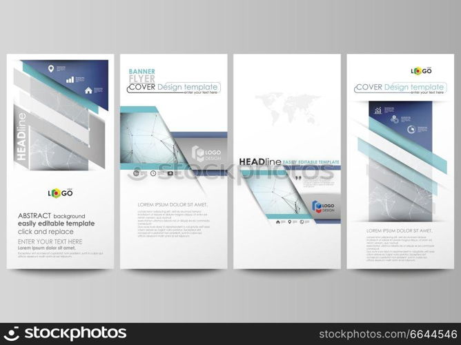 Flyers set, modern banners. Business templates. Cover design template, easy editable abstract vector layouts. Chemistry pattern, connecting lines and dots, molecule structure, scientific medical DNA research.. Flyers set, modern banners. Business templates. Cover design template, abstract vector layouts. Chemistry pattern, connecting lines and dots, molecule structure, scientific medical DNA research.