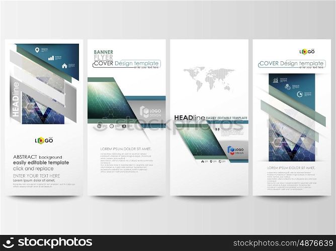 Flyers set, modern banners. Business templates. Cover design template, easy editable vector layouts. Chemistry pattern, hexagonal molecule structure. Medicine, science, technology concept