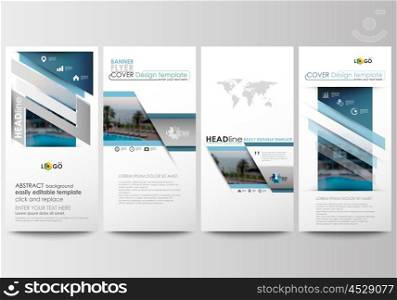 Flyers set, modern banners. Business templates. Cover template. Flat design blue color travel decoration layout, easy editable vector, colorful blurred natural landscape