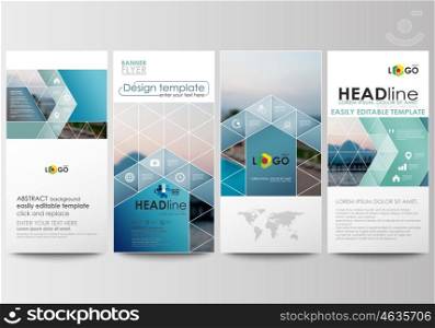 Flyers set, modern banners. Business templates. Cover template. Flat design blue color travel decoration layout, easy editable vector, colorful blurred natural landscape