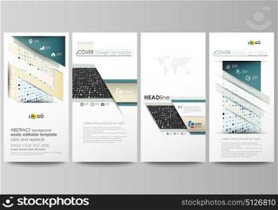Flyers set, modern banners. Business templates. Cover template, easy editable abstract layouts. Soft color dots with illusion of depth and perspective, dotted background. Elegant vector design.. Flyers set, modern banners. Business templates. Cover design template, easy editable abstract vector layouts. Abstract soft color dots with illusion of depth and perspective, dotted technology background. Multicolored particles, modern pattern, elegant texture, vector design.