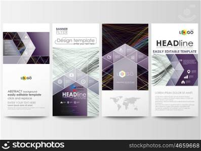 Flyers set, modern banners. Business templates. Cover template, easy editable flat style layouts, vector illustration. Abstract waves, lines and curves. Dark color background. Motion design
