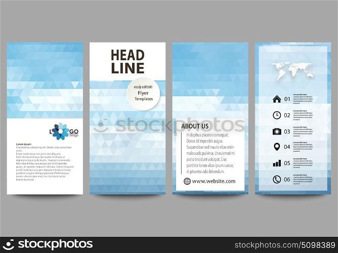 Flyers set, modern banners. Cover design template, abstract vector layouts. Colorful background made of triangular texture for travel business, natural landscape in polygonal style.. Flyers set, modern banners. Business templates. Cover design template, easy editable abstract vector layouts. Colorful background made of triangular texture for travel business, natural landscape in polygonal style.