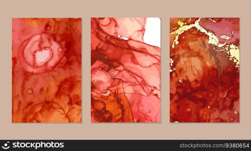 Flyers with red and gold geode or marble abstract backgrounds. Set of alcohol ink technique vector agate stone textures. Modern paint in natural colors with glitter. Template for banner, poster design. Flyers with red and gold geode or marble abstract backgrounds