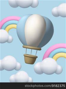 Flying 3d Hot Air Balloon with cartoon clouds and rainbows. Cute realistic vector illustration set. Adventure, travelling concept. Three dimensional realistic clay design element in pastel colors.