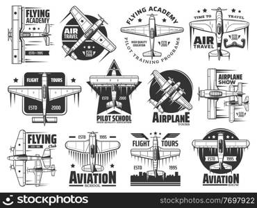 Flying academy or pilot school icons set. Air travel, airplane show and aviation courses training program emblem or badge. Historical biplane and monoplane, retro propeller airplanes vector. Flying academy, pilot school and air tour icon set