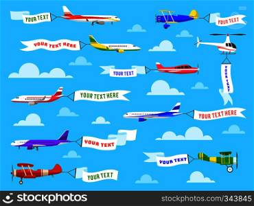Flying advertising banner. Sky planes banners airplane flight helicopter ribbon template text advertisement message vector background. Flying advertising banner. Sky planes banners airplane flight helicopter ribbon template text advertisement message set