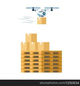 Flying Air Drone Delivering Cardboard Package. Delivery Carton Box Load on Wooden Pallet. Fast Modern Warehouse Transportation Technology. Future Device. Flat Cartoon Vector Illustration. Flying Air Drone Delivering Cardboard Package
