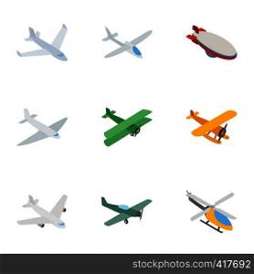 Flying aircraft icons set. Isometric 3d illustration of 9 flying aircraft vector icons for web. Flying aircraft icons, isometric 3d style