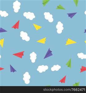 Flying airplane and clouds seamless pattern background. Vector Illustration EPS10. Flying airplane and clouds seamless pattern background. Vector Illustration
