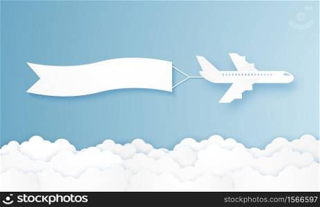 Flying airplane pulling advertising banner , paper art style