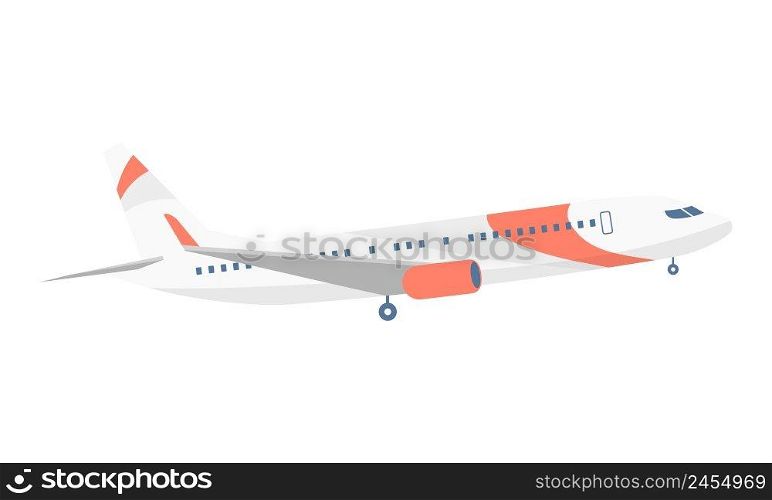 Flying airplane semi flat color vector object. International air travel. Domestic flights. Full sized item on white. Simple cartoon style illustration for web graphic design and animation. Flying airplane semi flat color vector object