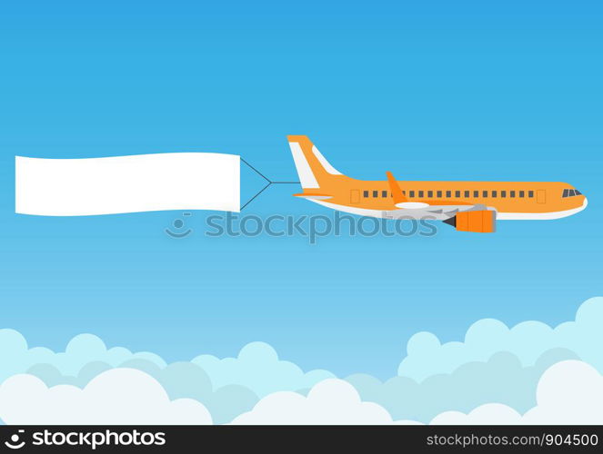 Flying airplane with advertising banner on blue sky - Vector illustration