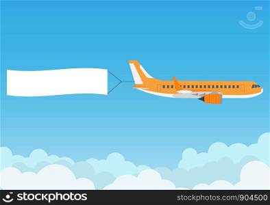Flying airplane with advertising banner on blue sky - Vector illustration
