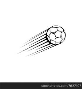 Flying american football ball isolated monochrome icon. Vector fast moving soccer ball leaving trace, sport equipment, trail from shoot of football. College school championship competition sign. Football soccer ball trace isolated goal kick icon