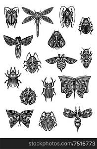Flying and crawling insects in tribal style for tattoo or decoration design with ornamental butterfly and dragonfly, bee and wasp, hornet and ladybug, ant and bumblebee, cricket and firefly, stag beetle and bugs. Insect animals tattoos and symbols