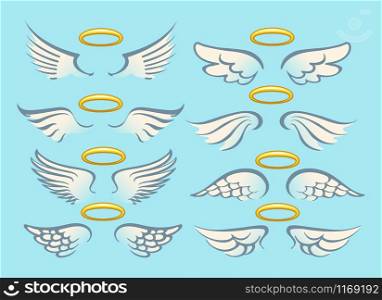 Flying angel wings with gold nimbus. Angelic wing cartoon set. Vector Illustration