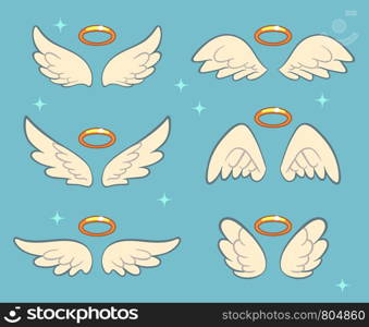 Flying angel wings with gold nimbus. Angelic wing cartoon vector set. Illustration of holy symbol collection. Flying angel wings with gold nimbus. Angelic wing cartoon vector set