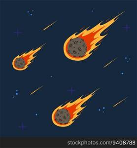Flying asteroid, Burning comet on background of night sky. Astronomical object with tail vector design illustration. Set of Dangerous explosive space object. Flying asteroid, Burning comet
