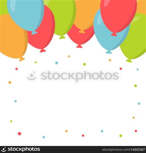 Flying balloons frame background. Design element of birthday or party. Vector illustration in flat style isolated on white background. Flying balloons frame background. Design element of birthday or party. Vector illustration in flat style