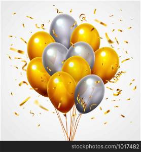 Flying balloons group. Golden shiny falling confetti, glossy yellow and white inflatable helium balloon with gold ribbon for birthday party or anniversary, 3d realistic vector illustration. Flying balloons group. Golden shiny falling confetti, glossy yellow and white helium balloon with gold ribbon 3d vector illustration