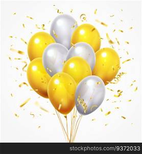 Flying balloons group. Golden shiny falling confetti, glossy yellow and white inflatable helium balloon with gold ribbon for birthday party or anniversary, 3d realistic vector illustration. Flying balloons group. Golden shiny falling confetti, glossy yellow and white helium balloon with gold ribbon 3d vector illustration