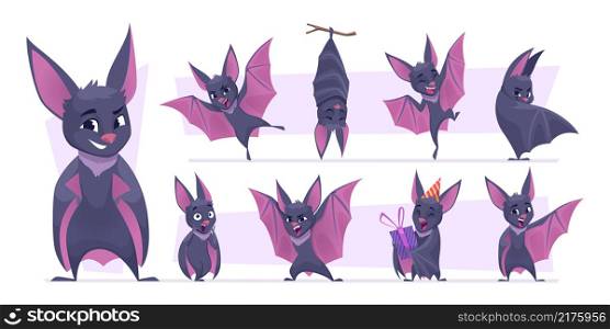 Flying bat. Cartoon wild vampire scary mammals mouse mascot with wings exact vector pictures collection. Scary animal vampire, halloween spooky illustration. Flying bat. Cartoon wild vampire scary mammals mouse mascot with wings exact vector pictures collection