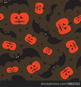 Flying bats and orange pimpkins on dark brown background for Halloween greetings. Seamless pattern. Vector illustration.