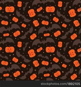 Flying bats and orange pumpkins on dark background for Halloween greetings. Seamless pattern. Vector illustration.