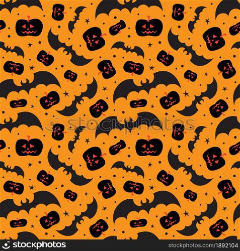 Flying bats and pumpkin on orange background for Halloween greetings. Seamless pattern. Vector illustration.