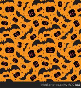 Flying bats and pumpkin on orange background for Halloween greetings. Seamless pattern. Vector illustration.