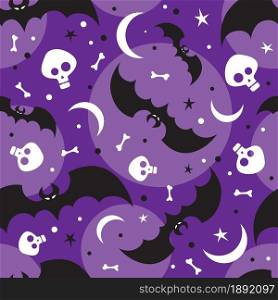 Flying bats and skulls on violet background for Halloween greetings. Seamless pattern. Vector illustration.