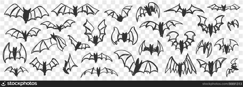 Flying bats at night doodle set. Collection of hand drawn silhouettes of bats with wings flying and sleeping hanging isolated on transparent background. Flying bats at night doodle set