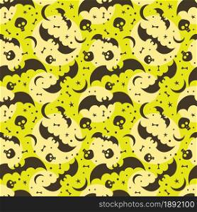 Flying bats on green background for Halloween greetings. Seamless pattern. Vector illustration.