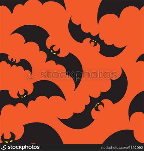 Flying bats on orange background for Halloween greetings. Seamless pattern. Vector illustration.