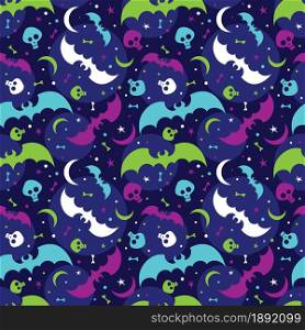 Flying bats, skulls and stars on blue background for Halloween greetings. Seamless pattern. Vector illustration.